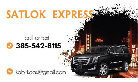 Satlok Express business card : Call, text, or fill out the online booking form. We serve Salt Lake City and places anywhere inside Utah.